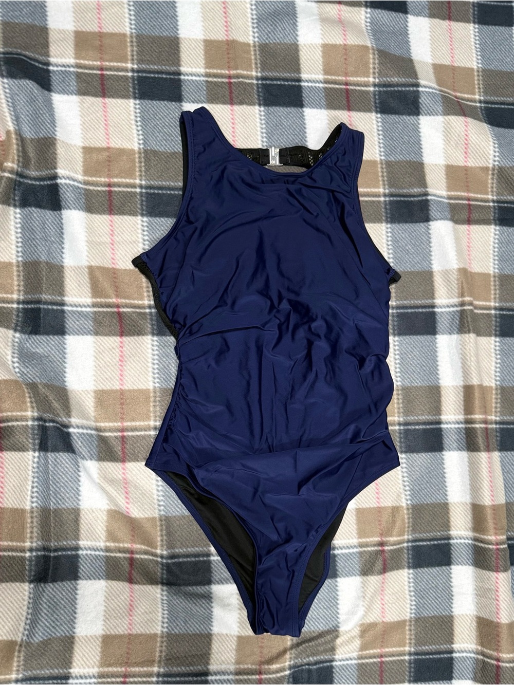 Cupshe navy blue one piece swimsuit with black mesh panel on the back